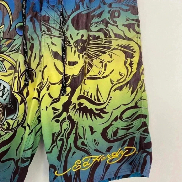 Green yellow and blue Ed hardy swim trunks shorts. - Picture 2 of 4